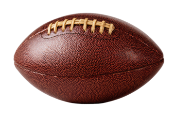 Close-up of a brown American football.  Stitched leather cover.  Oval shape.  Sport equipment