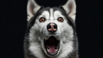 Obraz premium Astonished Siberian Canine: Front View of a Surprised Husky with Open Mouth Against a Solid Black Backdrop