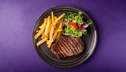 steak dinner presented on a dark plate against a purple backdrop the image showcases a well balanced meal complete with grilled steak fresh fries and a vibrant salad