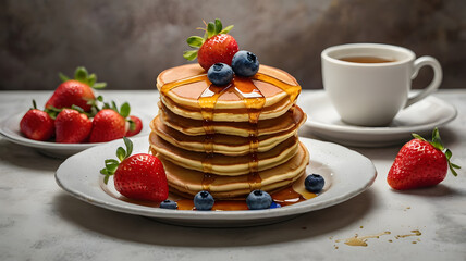 Fluffy Pancakes with Strawberries, Blueberries and Coffee