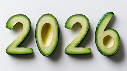Ripe avocado slices creating numeric design 2026, representing wellness trends, nutritional awareness against minimalist white backdrop