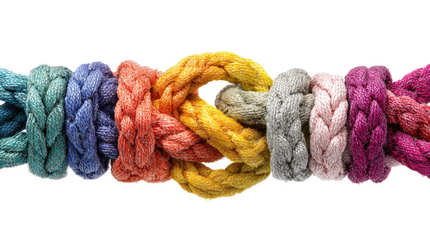 Colorful braided ropes intertwined in a complex knot