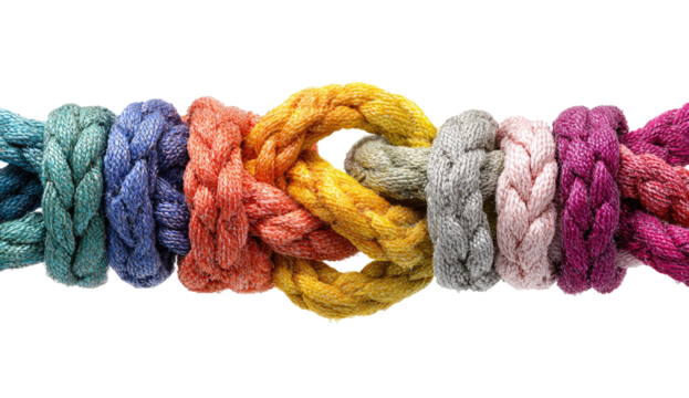Colorful braided ropes intertwined in a complex knot