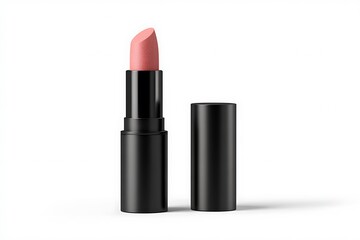 Elegant peach lipstick with black casing, beautifully presented for sophisticated beauty routines and cosmetic advertising campaigns.
