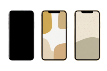Three smartphone displays showcasing minimalist abstract art phone backgrounds.  Each phone mockup displays a different,  pastel-toned, geometric design