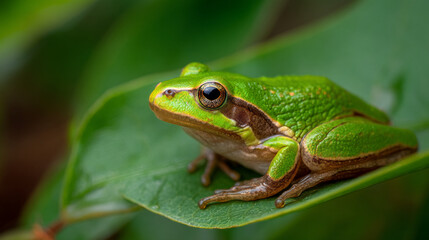 Obraz premium A green tree frog resting peacefully on a large green leaf in a natural setting