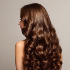 Fototapeta premium Back View of a Stunning Caucasian Woman Showcasing Her Voluminous Brown Curls and Shiny Locks