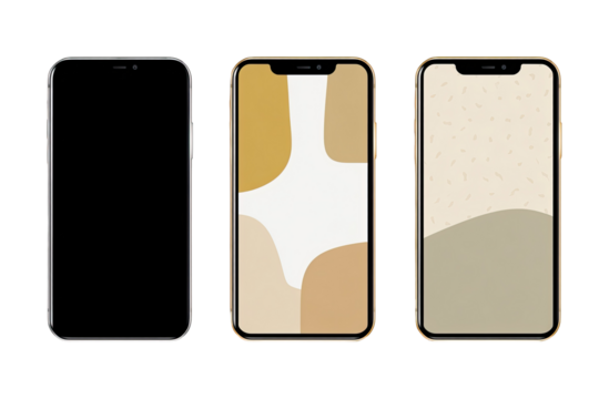 Three smartphone displays showcasing minimalist abstract art phone backgrounds.  Each phone mockup displays a different,  pastel-toned, geometric design