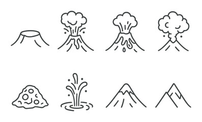Fototapeta premium Volcanic eruption stages and symbols in monochrome illustration
