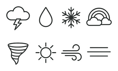 Fototapeta premium Weather symbols: lightning, rain, snowflake, rainbow, tornado, sun, wind, fog