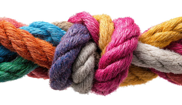 Close-up of a colorful, interwoven rope knot