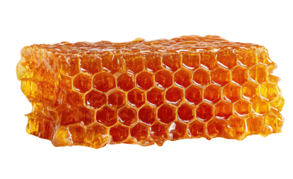 Close-up of a honey-comb section.  Honeycomb,  golden-amber color,  hexagonal cells,  natural,  sweet,  food,  bee product,  nutritious,  close-up