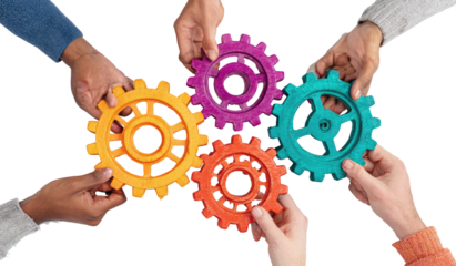 Diverse hands hold colorful gears, interconnected (1)