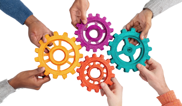 Diverse hands hold colorful gears, interconnected (1) - Powered by Adobe