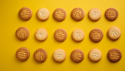 top down view of small round cookies evenly spaced on a bright yellow surface