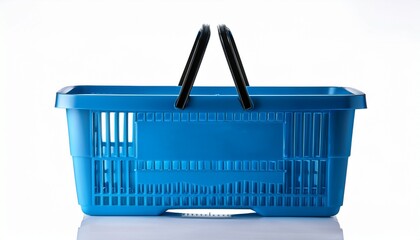 an blue plastic shopping basket with a black handle