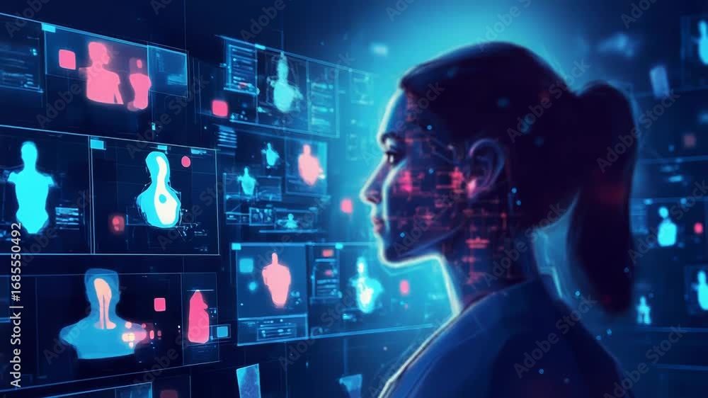 Poster scientist using artificial intelligence monitors multiple screens showing body scan data analysis