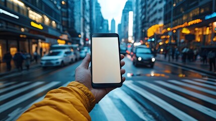 A hand holds a smartphone with a blank screen, centered in a slightly blurred city street scene at dusk or dawn. The street is wet, showing crosswalks and city lights