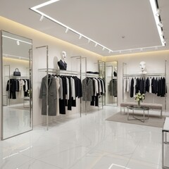 Modern and Luxurious Women' Fashion Boutique Interior with Minimalist Design, Bright LED Lighting, and Elegant Apparel Displays on White Marble Floor
