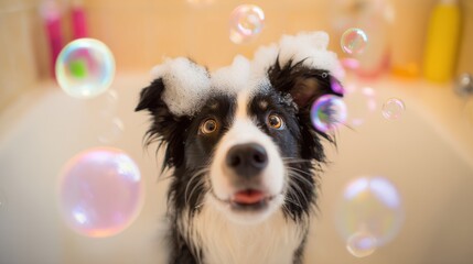 Cheerful puppy in bathtub with bubbles, suitable for pet adoption campaigns, veterinary services, or playful pet graphics.