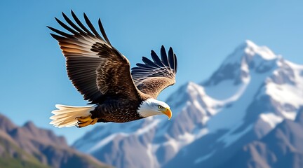 Obraz premium Majestic bald eagle soars gracefully over snowy mountain peaks wildlife photography