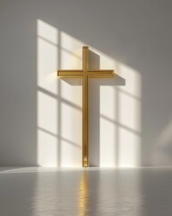 Modern Religious Monument - Elegant Golden Cross on Minimalist Wall with Shadow Play A surreal modern city skyline with glowing religious symbolism, dramatic architecture, spirituality, hope, faith an