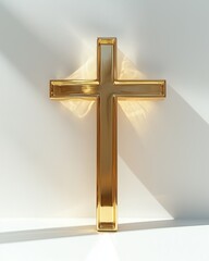 Modern Religious Monument - Golden Cross with Shadows on White Background A surreal modern city skyline with glowing religious symbolism, dramatic architecture, spirituality, hope, faith and futuristi