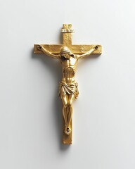 Golden Crucifix Futuristic Symbol - Golden Crucifix Statue on White Background: Religious Symbolism and Art A surreal modern city skyline with glowing religious symbolism, dramatic architecture, spiri