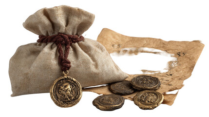 Ancient treasure bag and coins