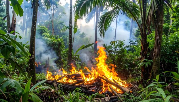Burning jungle. Lush forest fire