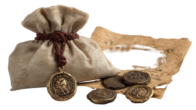 Ancient treasure bag and coins