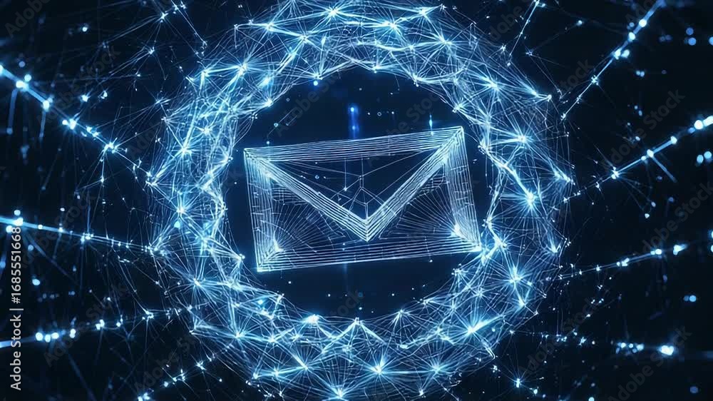Poster envelope icon sending email message through futuristic network tunnel