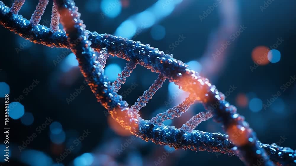 Poster dna double helix rotating in a microscopic environment with bokeh effect