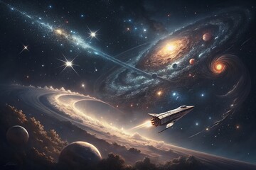 Futuristic spaceship journeys through a vibrant star filled galaxy with swirling nebulae