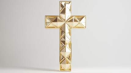 Modern Religious Monument - Elegant Geometric Gold Cross on White Background A surreal modern city skyline with glowing religious symbolism, dramatic architecture, spirituality, hope, faith and futuri