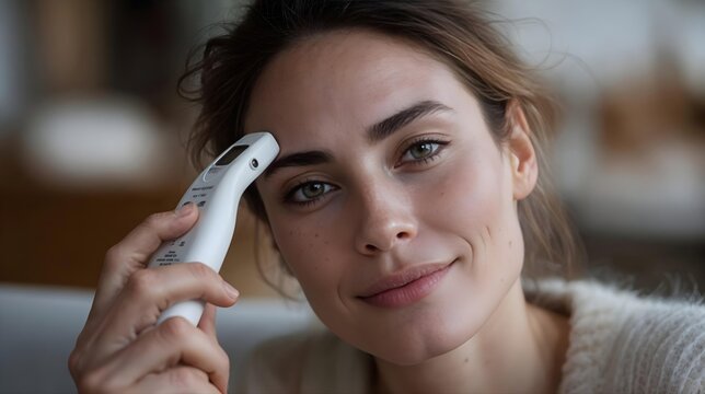 femme utilise un thermometre infrarouge pour mesurer sa temperature