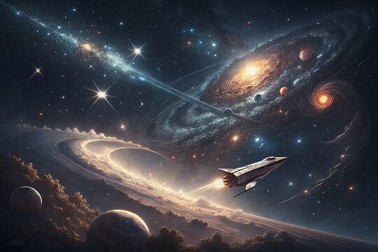 Futuristic spaceship journeys through a vibrant star filled galaxy with swirling nebulae