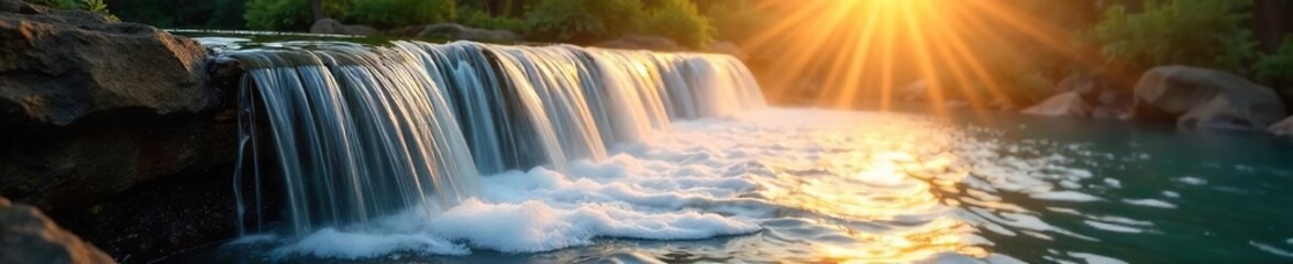 Serene cascading water feature, sunlight illuminating the falling water and creating a rainbow mist Perfect for tranquility, nature, and water themed projects , pattern, aqua, nature