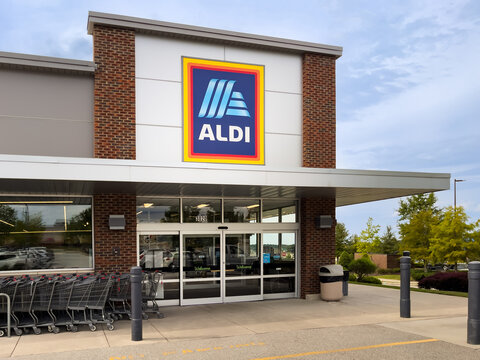 GROVETON, GEORGIA - SEPTEMBER 4, 2025 : Aldi discount grocery supermarket building storefront facade with logo.
