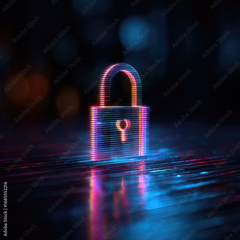 Poster a digital stylized padlock with a keyhole visible rests on a colorful illuminated patterned surface 