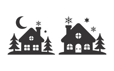 Fototapeta premium Winter Silhouette Christmas Village with Trees Vector Illustration