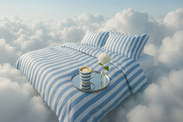 A bed floating in fluffy white clouds, perfect for inspirational posters, meditation visuals, dreamy website headers, wellness blogs, relaxation apps, or calming digital art prints