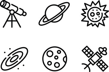 A Collection of Space Exploration Icons Representing Astronomy Outer Space and Scientific Endeavors Involving Telescopes Planets Galaxies Satellites Sun and Moon © Saidurra12