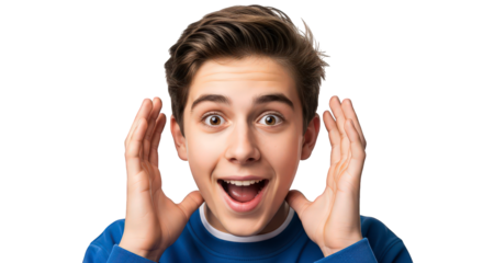 Closeup portrait of a surprised young man with wide eyes and open mouth, hands on cheeks, isolated on transparent background facial expressions, human feelings