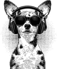 Cool chihuahua wearing sunglasses and headphones in black and white sketch. Vector illustration