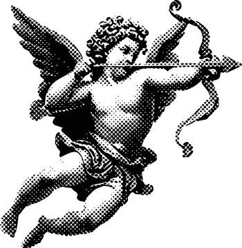 Retro-style illustration of a cupid aiming an arrow with dotted texture. Vector illustration