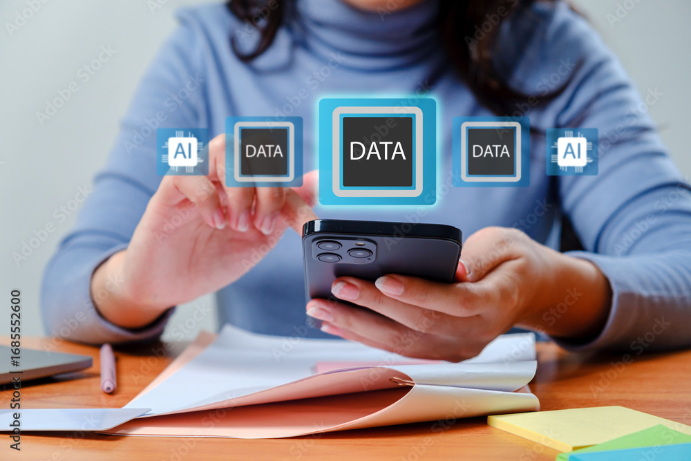 Aufkleber person using smartphone with data and ai symbols on the screen, illustrating technology, innovation,