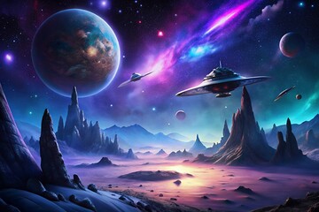 Fototapeta premium Alien cityscape under a cosmic nebula with flying saucers and a distant planet
