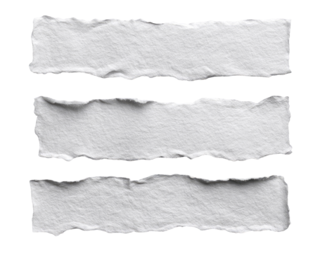 Three horizontal strips of torn, off-white paper on a black background.  Each strip has a ragged, uneven edge