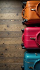 Overhead shot of various suitcases and bags on a rustic wooden floor, ready for travel Perfect for travel blogs, articles, or websites promoting luggage and travel accessories , journey, tote
